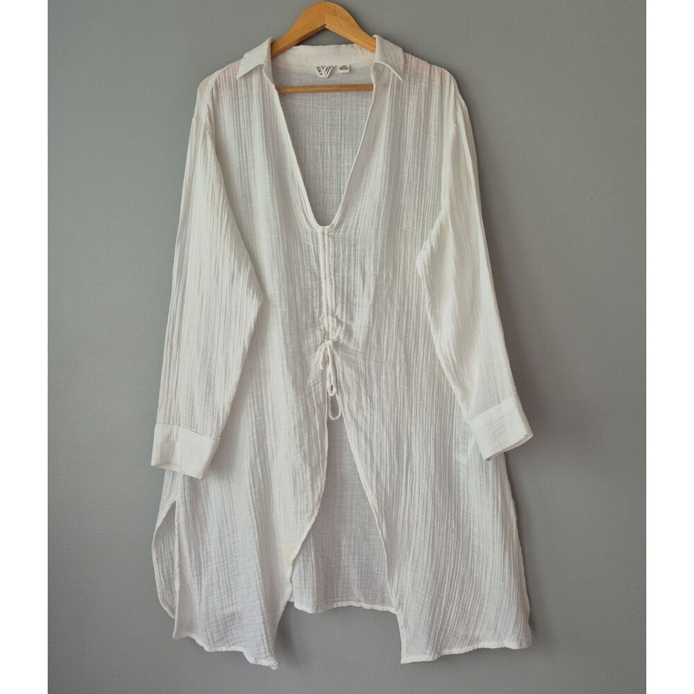 Roxy White 100% Cotton Long Sleeve V Neck Ruched Slit Beach Cover Up Womens LRG